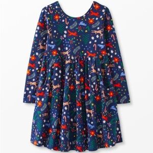 Hanna Andersson Long Sleeve Navy Winter Wonderland Dress w/ Pockets. Size 6-7